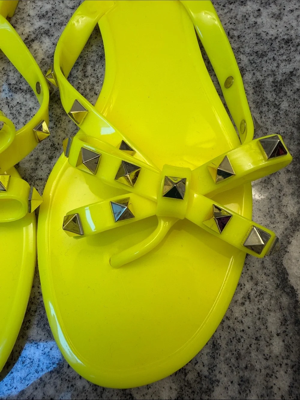 Victoria Adams Neon Yellow Studded Bow Jelly Sandals